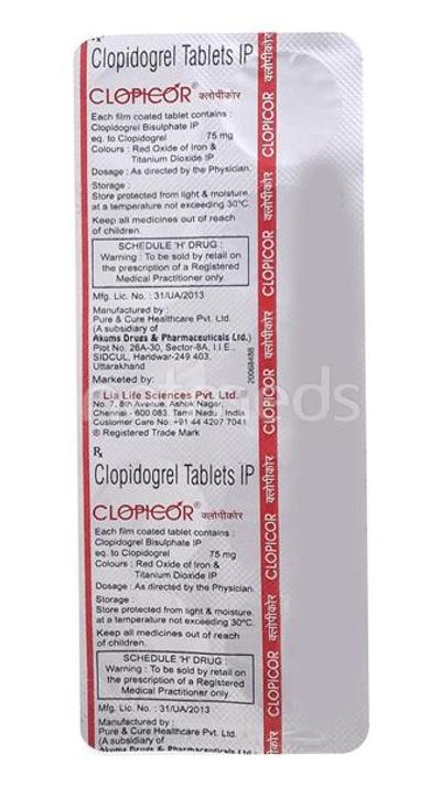 Clopicor 75mg Tablet 10'S - Blood Clot-Ant