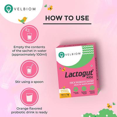Velbiom Lactogut Kidz Pre & Probiotic Sachet - Orange (10's x 1 gm) - Digestive Health