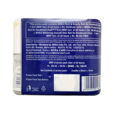 Nivea Roll-On Deodorant Buy 2 Get 1 Free Combo Pack - Pearl Beauty + Protect & Care + Whitening Smooth Skin (Pack of 3 x 25 ml) - Deodorants/Roll-Ons