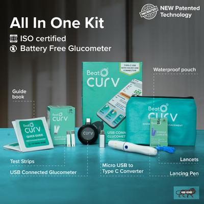 BeatO Curv Glucometer Kit (USB Connected Glucometer 1's + Blood Glucose Test Strips 25's) - Blood Glucose Monitors/Strips