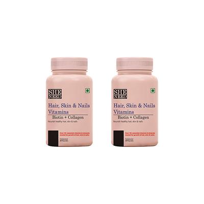 SheNeed Hair, Skin & Nails Vitamin with Biotin + Collagen Capsule (Pack of 2 x 60's) - Hair & Skin