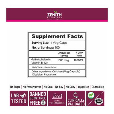 Zenith Nutrition Methylcobalamin Capsules 100's - Calcium And Minerals