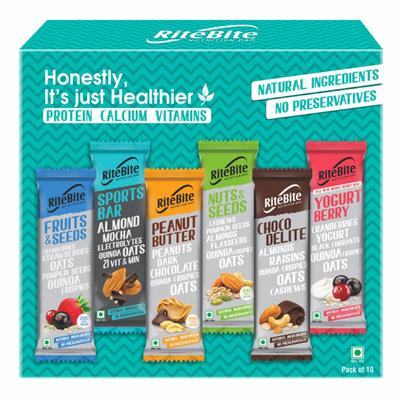 RiteBite Nutrition Assorted Bar - Choco Delite, Yogurt Berry, Peanut Butter, Fruits & Seeds, Nuts & Seeds, Sports Bar (Pack of 10) - Nutritional Bars