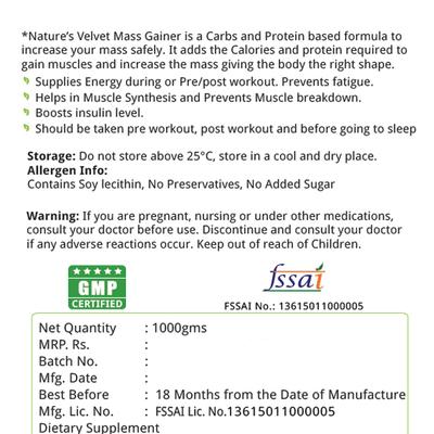 Natures Velvet Mass Gainer Powder - Chocolate Flavour 1000 gm - Speciality Medicines