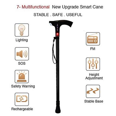 MCP Jindal Smart Height Adjustable Walking Stick (FM Radio + SOS + Siren + Torch + Rechargeable) - Wheelchairs & Walking Sticks