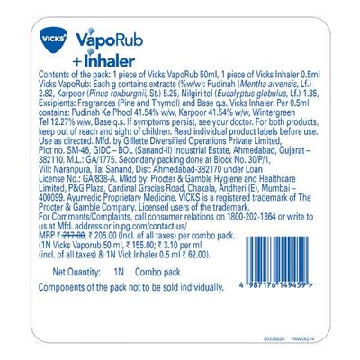 Vicks Super Saver Combo Pack (VapoRub 50 ml + Inhaler 1's) - Balms & Rubs