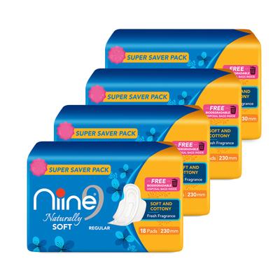 Niine Naturally Soft Sanitary Pads with Biodegradable Disposable Bags - Regular (Pack of 4 x 18's) - Sanitary Napkins
