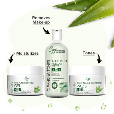 CGG Cosmetics Aloe Vera Facial Kit (Pure Soothing Face Gel 250 gm + Cleansing Toner Micellar Water 300 ml + Daily Toning Cleansing Face Pads 50's) - Face Wash & Cleansers
