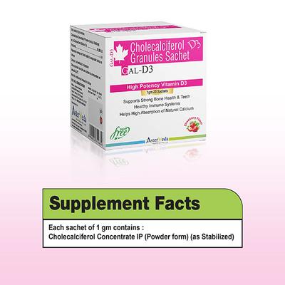 Asterveda Gal D3 SF Granules - Strawberry Flavor (Pack of 20 x 1 gm) - Calcium And Minerals