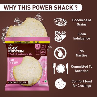 RiteBite Max Protein 7 Grain Breakfast Cookie - Coconut Delite (Pack of 12 x 55 gm) - Nutritional Bars