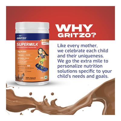 Gritzo SuperMilk Nutrition Drink Powder for Girls (8-12 yrs) - Double Chocolate 400 gm - Nutritional Supplement