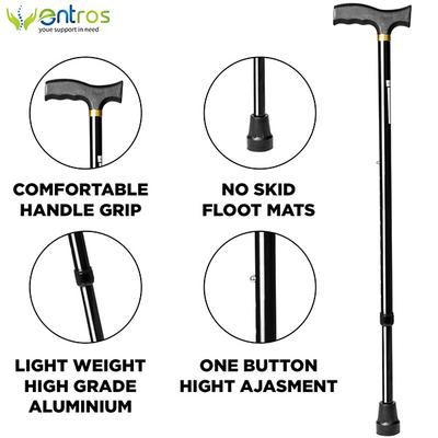 Entros Height Adjustable Walking Stick - Black (KL920L) - Wheelchairs & Walking Sticks