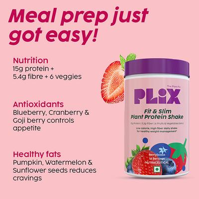 Plix The Plant Fix Fit & Slim Smoothie For Healthy Weight Management And Metabolism Strawberry Flavour Pack Vegan Gluten Free 500 gm - Weight Loss