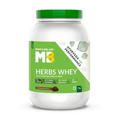 MuscleBlaze Herbs Whey Powder - Rich Chocolate 1 kg - Workout Essentials
