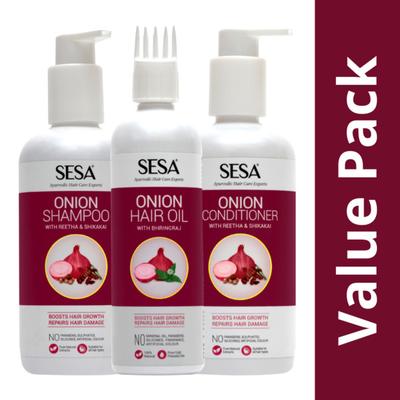 Sesa Onion Hair Growth & Damage Repair Kit (Sesa Onion Hair Oil 200 ml + Sesa Onion Shampoo 300 ml + Sesa Onion Conditioner 300 ml) - Personal Care (Ayush)