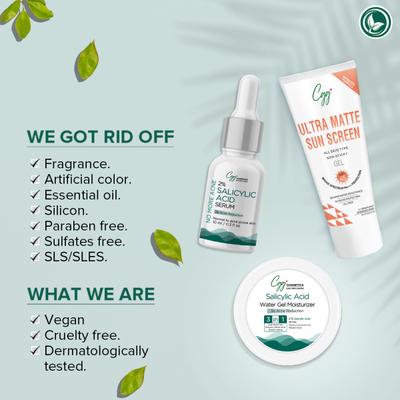 CGG Cosmetics No More Acne 2% Salicylic Serum 10ml + CGG Cosmetics Salicylic Acid Water Gel Moisturizer 50 gm + CGG Cosmetics Ultra Matte Sunscreen Gel SPF 45 Broad Spectrum PA+++ Protection 50 gm (Combo Pack) 160 gm - Body Sunscreen