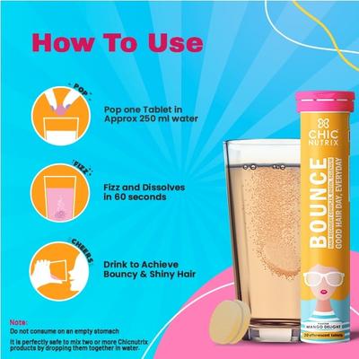 Chicnutrix Bounce - Hair Recovery Complex, Biotin, Selenium Effervescent Tablet - Mango Delight Flavour 20's - Hair & Skin