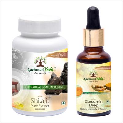 Aachman Veda Shilajit+ Pure Extract Ashwagandha With Safed Musli Capsules 60's & Aachman Veda Curcumin Drops 30 ml (Free) 1's - Speciality Medicines