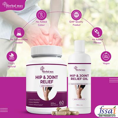 Herbal Max Hip & Joint Relief Kit (Hip & Joint Relief 500 Mg Capsule 60's + Hip & Joint Relief Oil (Pack of 2 x 100 ml)) - Vital Health